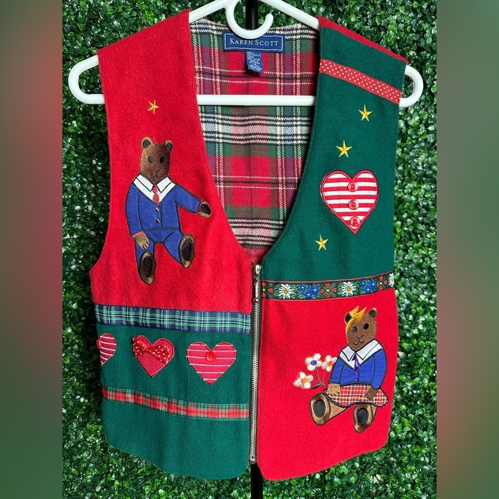 Karen Scott Women's Christmas Vest Medium Zip-Up Teddy Bear Holiday Felt